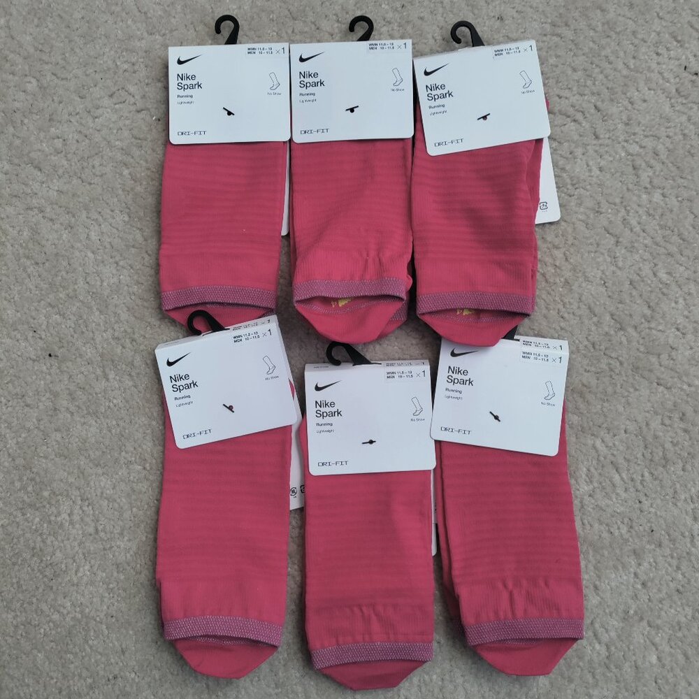 NWT (6) Pair Nike Spark No Show Womens 11.5-13 Pink DRI-FIT Running Socks Unisex